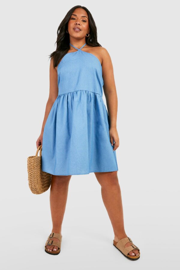 Womens Plus Chambray Halter Swing Dress - Blue - 20