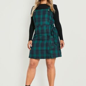 Womens Plus Check Wrap Pinafore Dress - Green - 22, Green