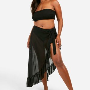 Womens Plus Chiffon Beach Ruffle Sarong Skirt - Black - 14