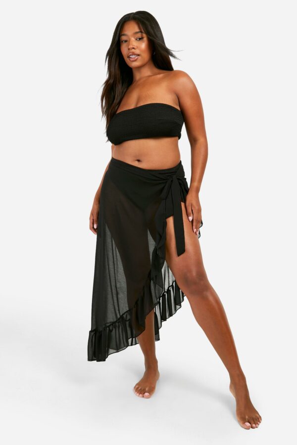 Womens Plus Chiffon Beach Ruffle Sarong Skirt - Black - 14