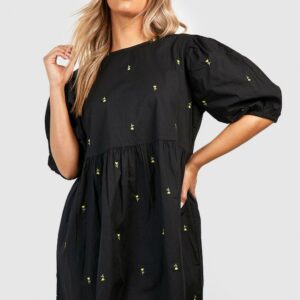 Womens Plus Floral Embroidered Poplin Smock Dress - Black - 28, Black