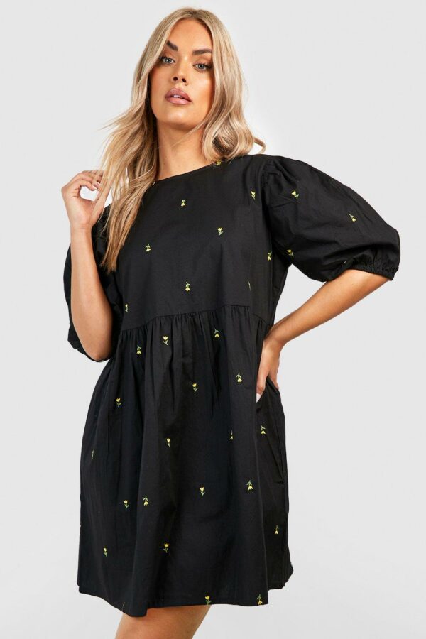 Womens Plus Floral Embroidered Poplin Smock Dress - Black - 28, Black