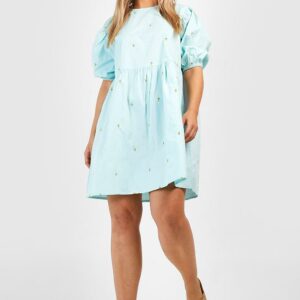 Womens Plus Floral Embroidered Poplin Smock Dress - Blue - 16, Blue