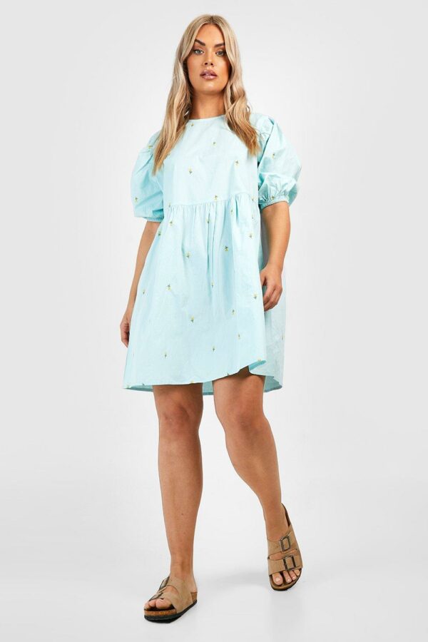 Womens Plus Floral Embroidered Poplin Smock Dress - Blue - 16, Blue