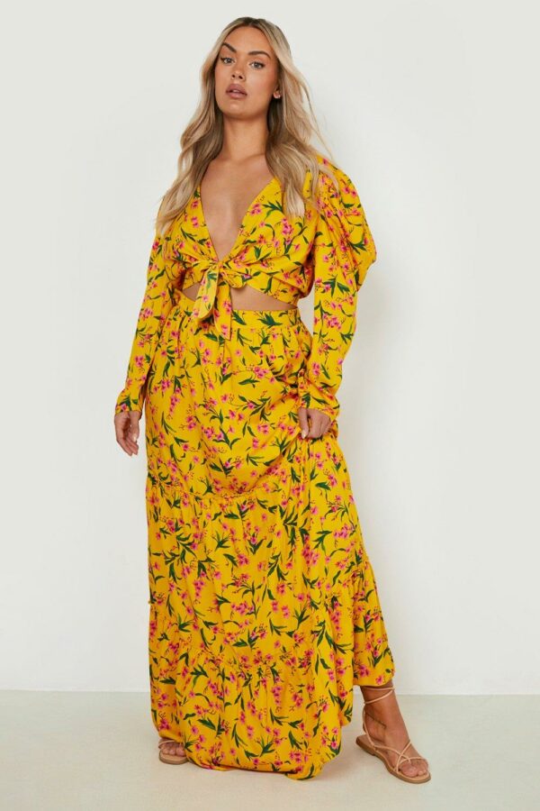 Womens Plus Floral Maxi Skirt Puff Sleeve Co-Ord - Yellow - 18, Yellow