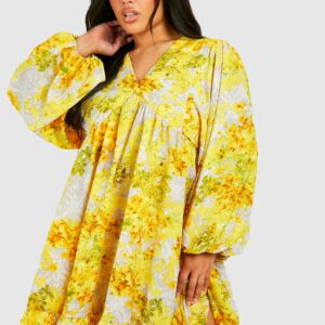 Womens Plus Floral Ruffle Hem Smock Dress - Yellow - 18, Yellow