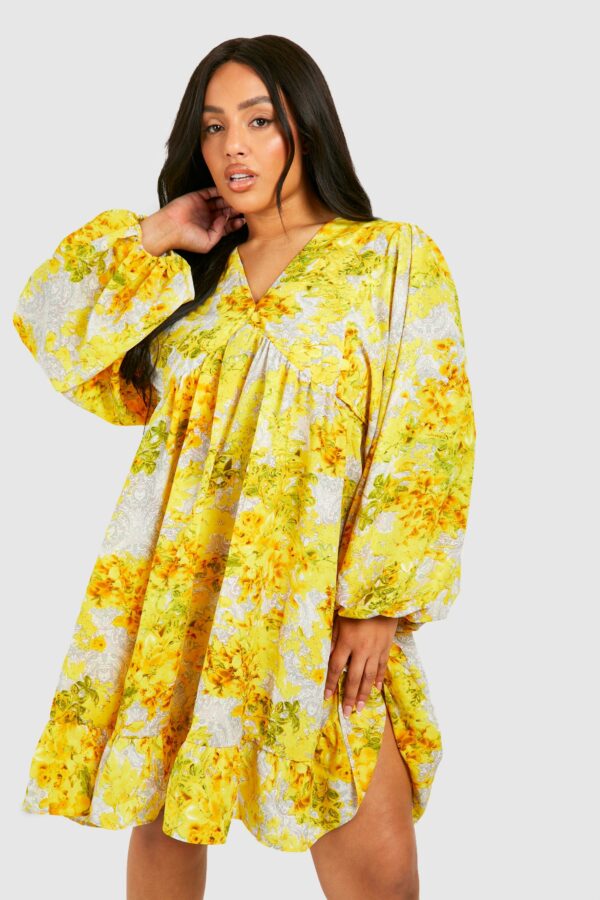 Womens Plus Floral Ruffle Hem Smock Dress - Yellow - 18, Yellow