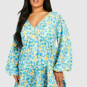 Womens Plus Floral Tiered Smock Dress - Blue - 18, Blue