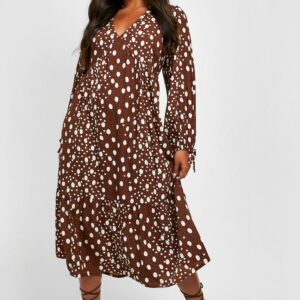 Womens Plus Mixed Polka Woven Smock Midi Dress - Brown - 18, Brown