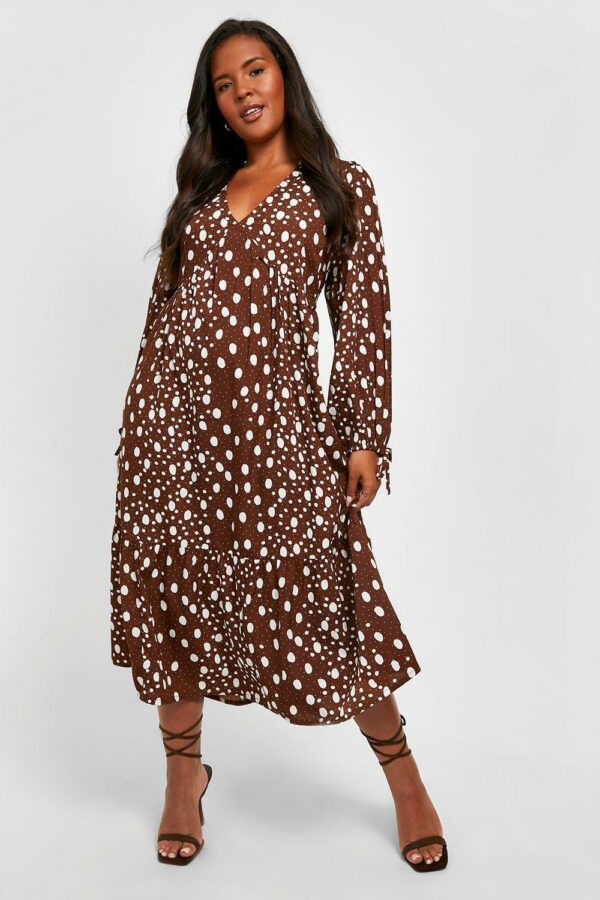 Womens Plus Mixed Polka Woven Smock Midi Dress - Brown - 18, Brown