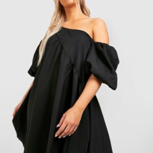 Womens Plus Off Shoulder Asymmetric Smock Dress - Black - 18, Black