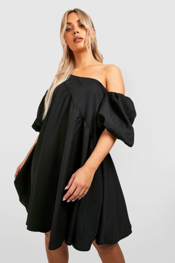 Womens Plus Off Shoulder Asymmetric Smock Dress - Black - 18, Black