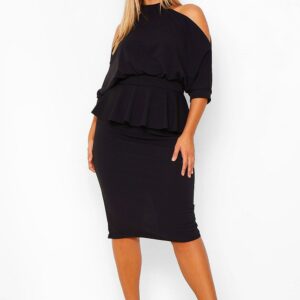 Womens Plus Open Shoulder Peplum Midi Dress - Black - 24