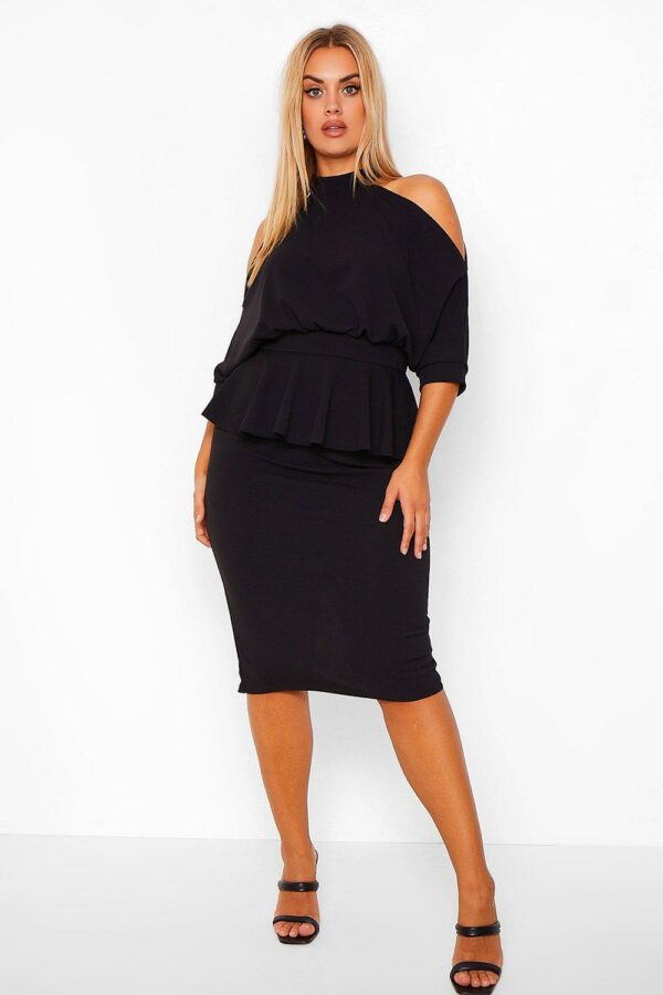 Womens Plus Open Shoulder Peplum Midi Dress - Black - 24