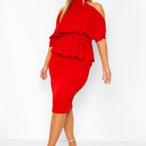 Womens Plus Open Shoulder Peplum Midi Dress - Red - 14