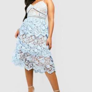 Womens Plus Premium Lace Peplum Skater Dress - Blue - 22