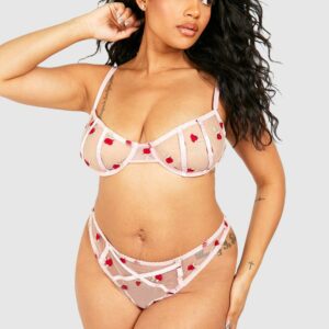 Womens Plus Rose Embroidery Bra & Panties Lingerie Set - Red - 14