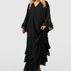 Womens Plus Ruffle Detail Smock Maxi Dress - Black - 16, Black