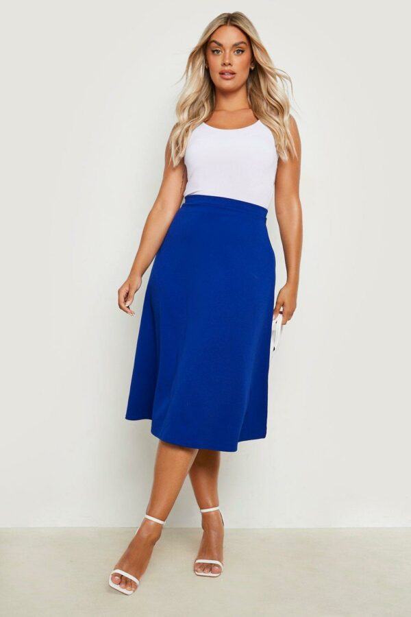 Womens Plus Scuba Crepe Midi Skater Skirt - Blue - 16