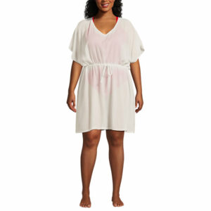 Women's Plus Size Crinkle Rayon Short Sleeve Gathered Waist Kaftan Swim Cover-up Dress - Lands' End - White - 3X