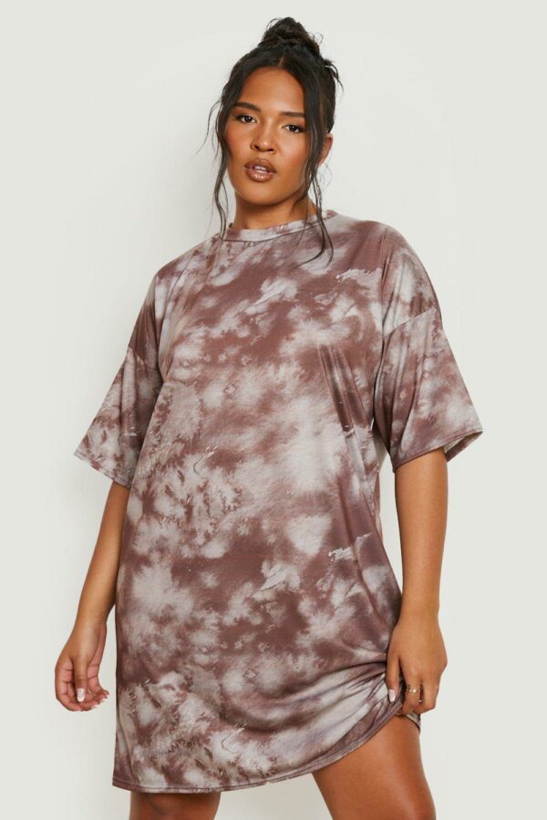 Womens Plus Tie Dye T-Shirt Dress - Brown - 16