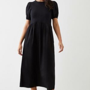 Womens Poplin Jersey Mix Smock Midi Dress With Pockets