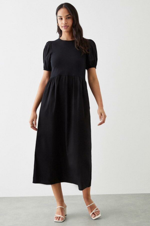 Womens Poplin Jersey Mix Smock Midi Dress With Pockets