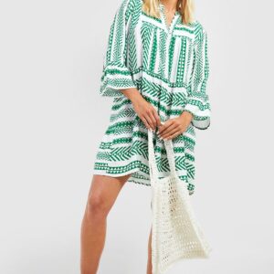 Womens Printed Tiered Shift Beach Kaftan Dress - Green - L