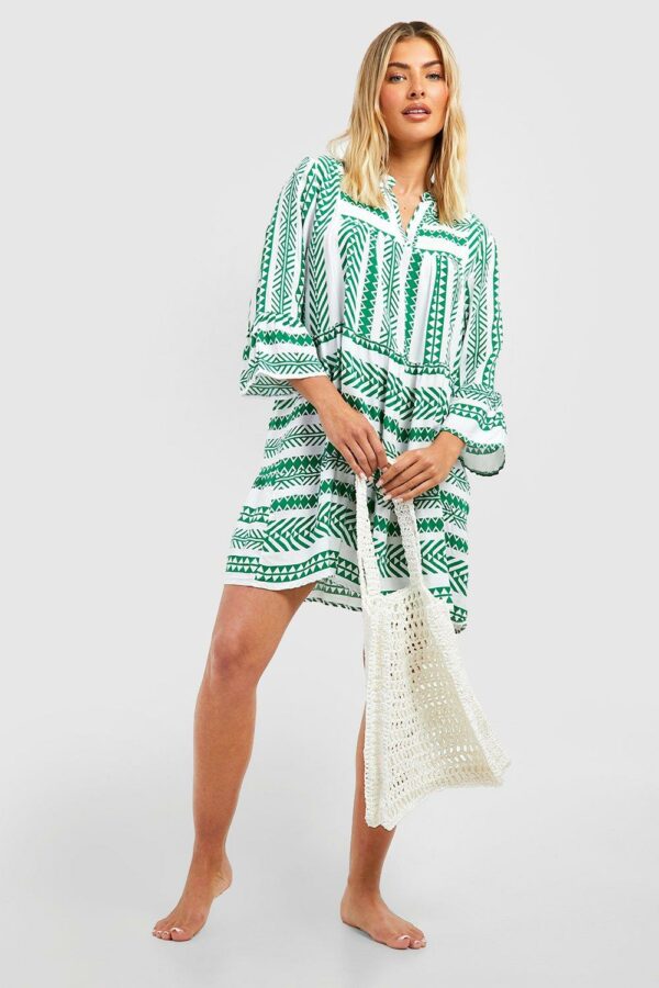 Womens Printed Tiered Shift Beach Kaftan Dress - Green - S, Green