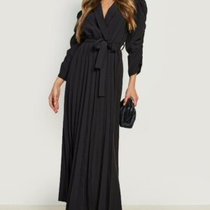 Womens Puff Sleeve Pleated Skirt Midi Dress - Black - S