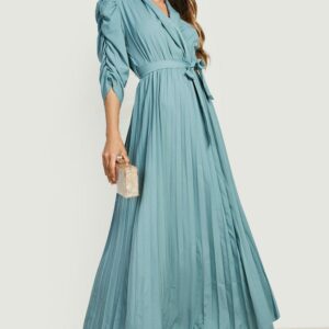 Womens Puff Sleeve Pleated Skirt Midi Dress - Green - L