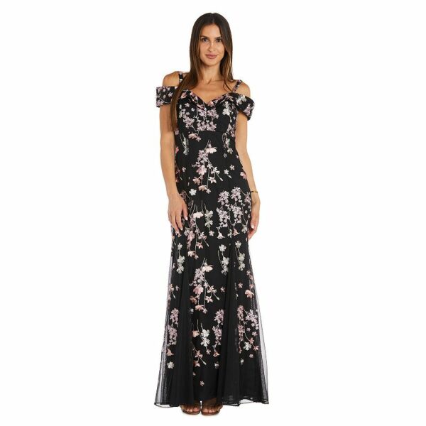 Women's R&M Richards Floral Off-The-Shoulder Empire Waist Mermaid Skirt Maxi Dress, Size: 8, Black Pink