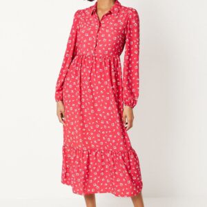 Womens Red Floral Smock Midi Shirt Dress