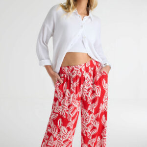 Womens Red Leaf Print Crinkle Culottes