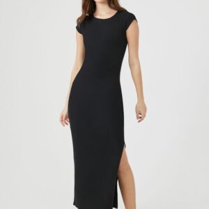 Women's Ribbed Knit T-Shirt Maxi Dress in Black Small