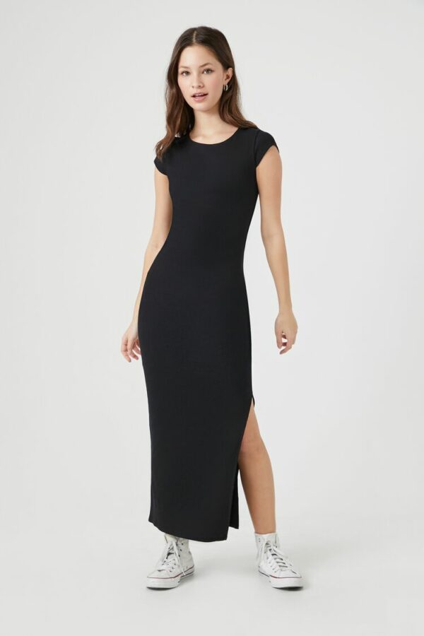 Women's Ribbed Knit T-Shirt Maxi Dress in Black Small