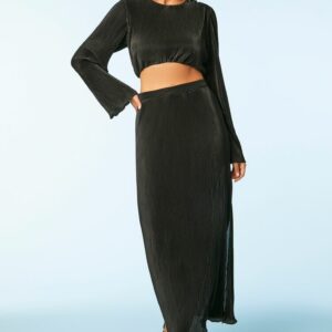 Women's Ribbed Top & Maxi Skirt Set in Black, XL