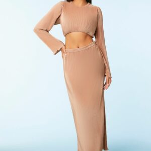 Women's Ribbed Top & Maxi Skirt Set in Rose Gold Large