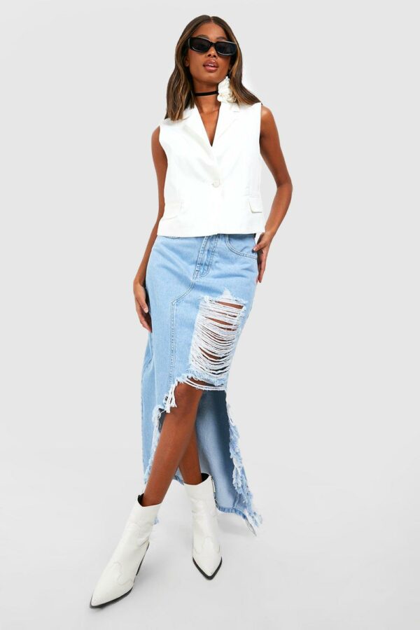 Womens Ripped Split Detail Denim Maxi Skirt - Blue - 10, Blue