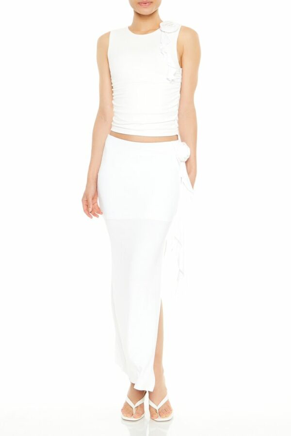 Women's Rosette Slit Maxi Skirt in White Large