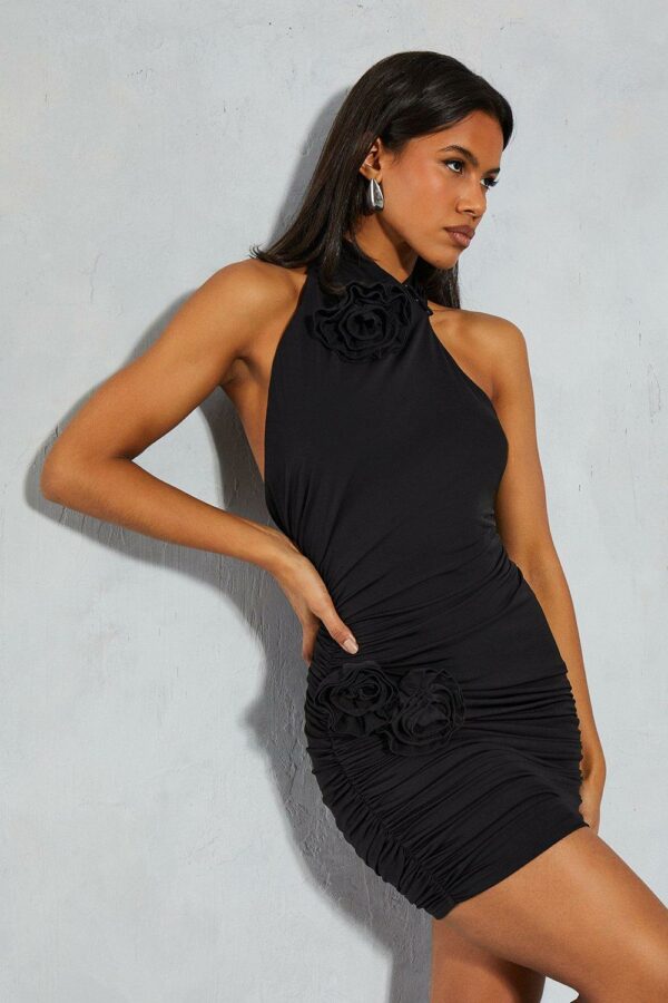 Womens Ruched Halter Neck Corsage Mini Dress - black - 14, Black