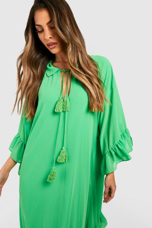 Womens Ruffle Detail Smock Maxi Dress - Green - 14, Green