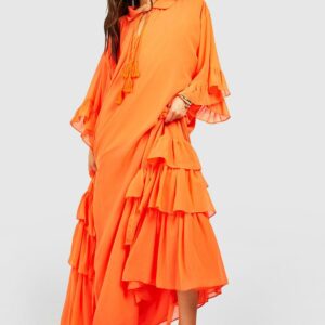 Womens Ruffle Detail Smock Maxi Dress - Orange - 14, Orange