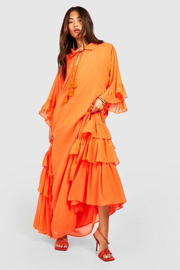 Womens Ruffle Detail Smock Maxi Dress - Orange - 14, Orange