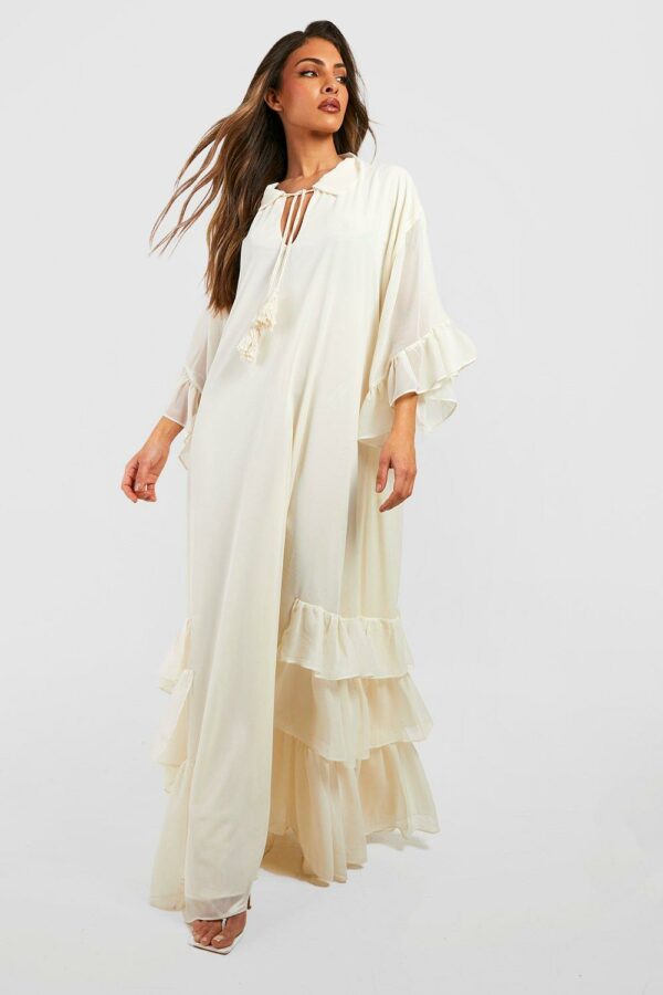 Womens Ruffle Detail Smock Maxi Dress - White - 10, White