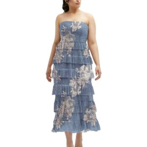 Women's Ruffle Tiered Skirt Metallic Pleated Strapless Midi Dress with Floral Gold Foil Print - French blue gold foil