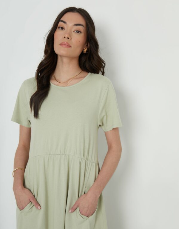 Women's Sage Jersey Midi Smock Dress with Pockets