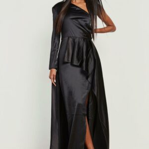 Womens Satin Asymmetric Split Peplum Maxi Dress - Black - 12, Black