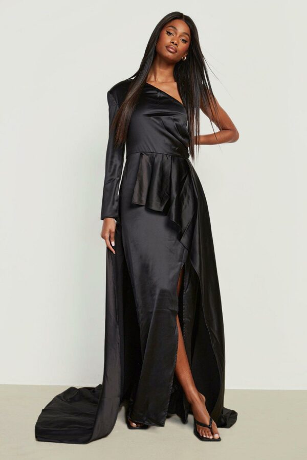 Womens Satin Asymmetric Split Peplum Maxi Dress - Black - 12, Black