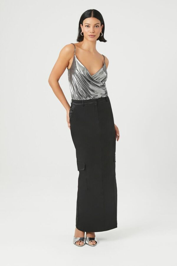 Women's Satin Cargo Maxi Skirt in Black Medium